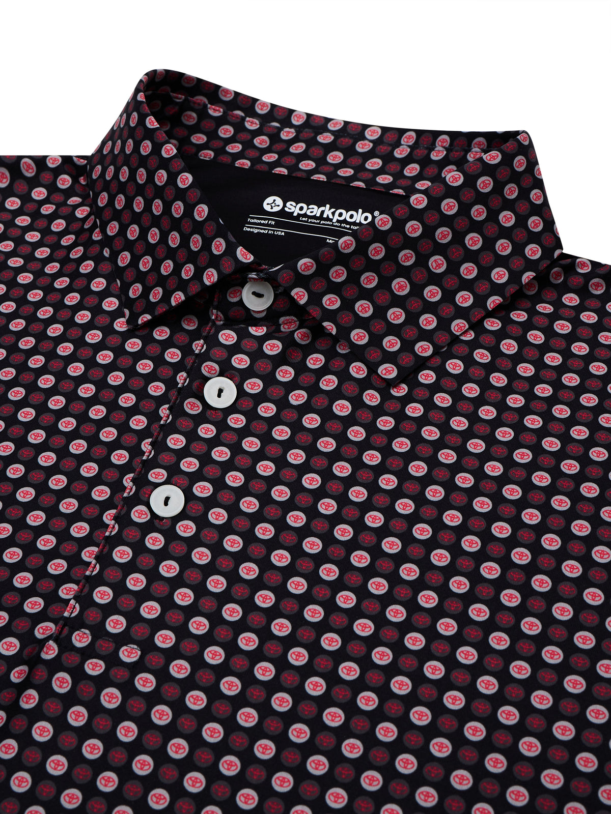 Close-up of a Sparkpolo custom polo, a client's logo repeated as an all-over sublimated print