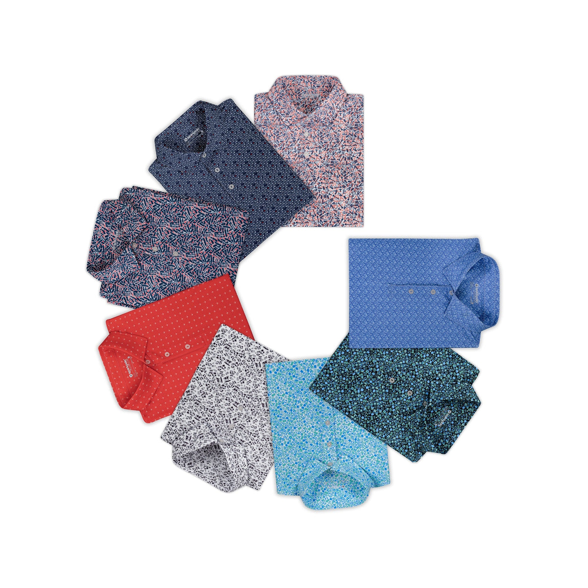 Eight Sparkpolo shirts in all-over prints, arranged in a circle