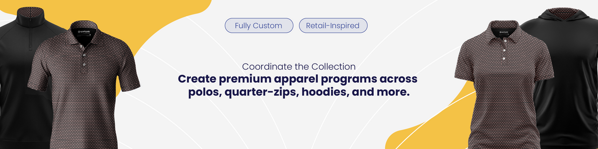 Coordinate the collection across polos, quarter-zips and hoodies